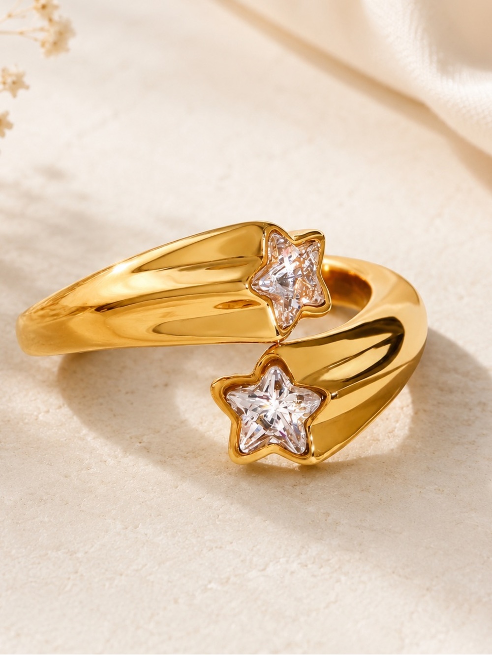 18K Gold Plated Stainless Steel Star Crystal Ring, Water Resistant, Adjustable